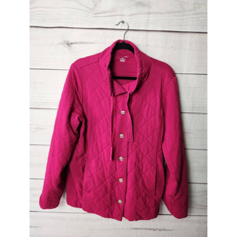 Lands End Womens Jacket Pink Quilted 100% Cotton Buttons L 14-16